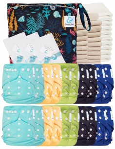 Pack complet couches lavables TE2 certifiées Oeko Tex® + 20 inserts en coton + 10 inserts bambou + sac + voiles de protection