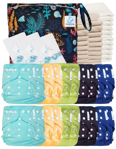 Pack complet couches lavables TE2 certifiées Oeko Tex® + 20 inserts en coton + 10 inserts bambou + sac + voiles de protection