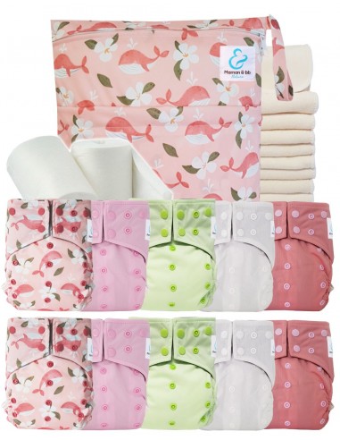 Paquete completo 10 pañales Lavable total + bambú Insertar bolsa impermeable y pendientes protectores