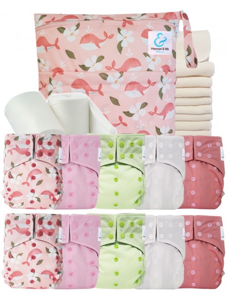 Pack complet 10 couches lavables intégrales + inserts bambou sac imperméable et voiles de protection