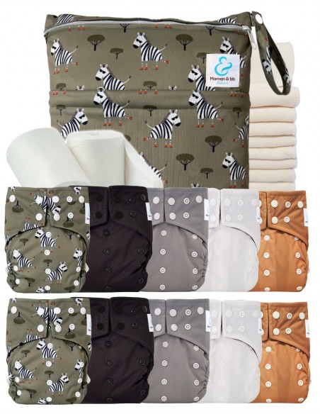 Pack complet 10 couches lavables intégrales + inserts bambou sac imperméable et voiles de protection