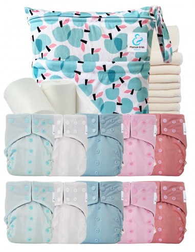 Pack complet 10 couches lavables intégrales + inserts bambou sac imperméable et voiles de protection