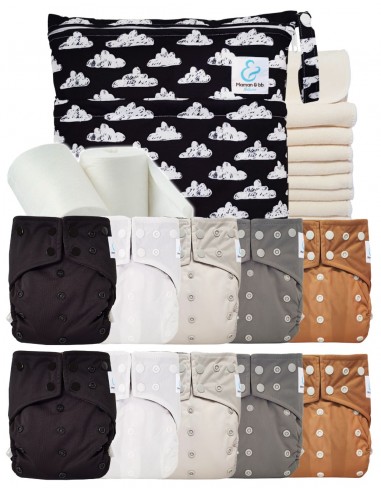 Pack complet 10 couches lavables intégrales + inserts bambou sac imperméable et voiles de protection