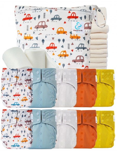 Pack complet 10 couches lavables intégrales + inserts bambou sac imperméable et voiles de protection