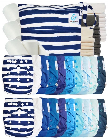 Mega pack couches lavables TE2 + 10 inserts bambou + 10 inserts microfibre + sac imperméable + voiles de protection