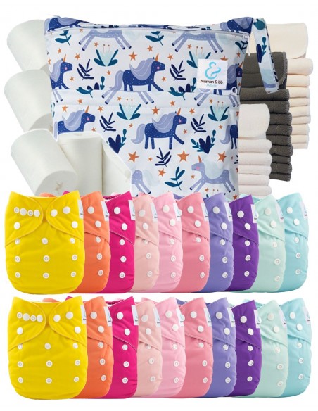 Mega pack 20 couches lavables + inserts + voiles de protection et son sac imperméable