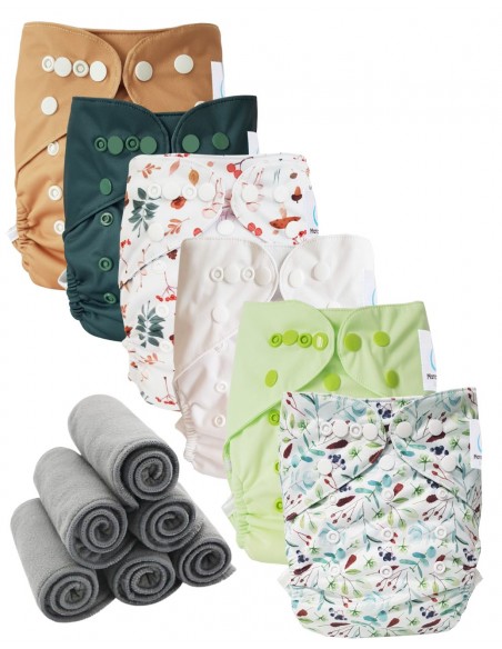 Lot 6 couches lavables tout en deux Te2 à doubles goussets + 6 inserts en bambou