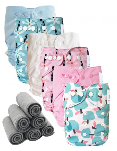 Lot 6 couches lavables tout en deux Te2 à doubles goussets + 6 inserts en bambou