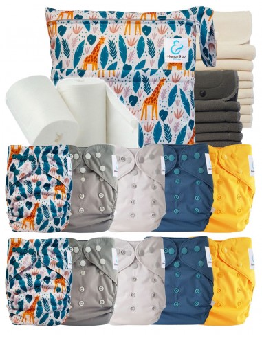 Pack complet couches lavables TE2 + 10 inserts bambou + 10 inserts charcoal + sac imperméable + voiles de protection