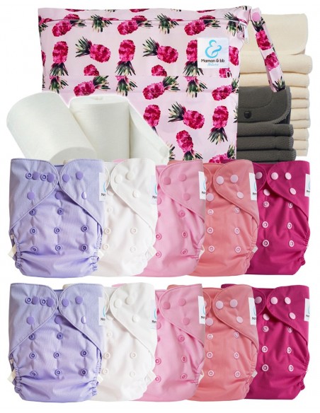 Pack complet couches lavables TE2 + 10 inserts bambou + 10 inserts charcoal + sac imperméable + voiles de protection