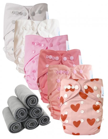 Lot 6 couches lavables tout en deux Te2 à doubles goussets + 6 inserts en bambou