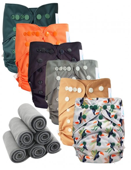 Lot 6 couches lavables tout en deux Te2 à doubles goussets + 6 inserts en bambou