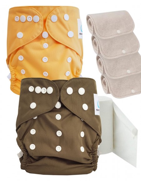 Pack découverte couches lavables TE2 certifiées Oeko Tex® + 4 inserts en coton + voiles de protection