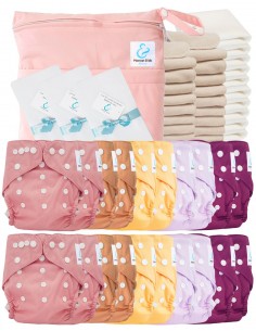 Pack complet couches lavables TE2 certifiées Oeko Tex® + 20 inserts en coton + 10 inserts bambou + sac + voiles de protection