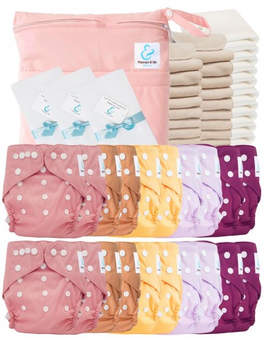 Pack complet couches lavables TE2 certifiées Oeko Tex® + 20 inserts en coton + 10 inserts bambou + sac + voiles de protection