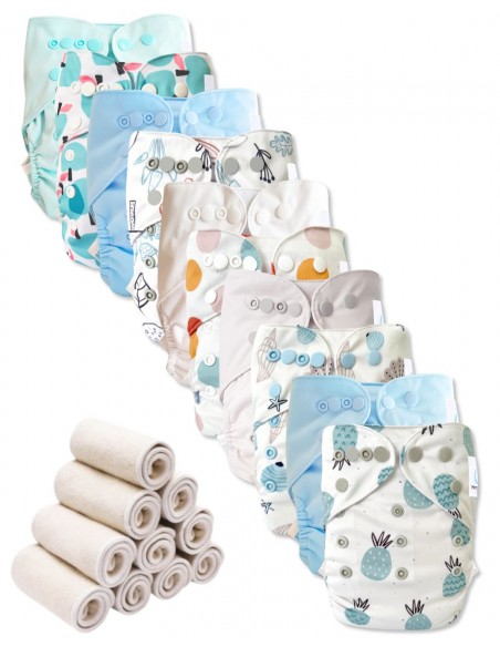 Lot 10 couches lavables tout en deux Te2 à doubles goussets + 10 inserts en bambou