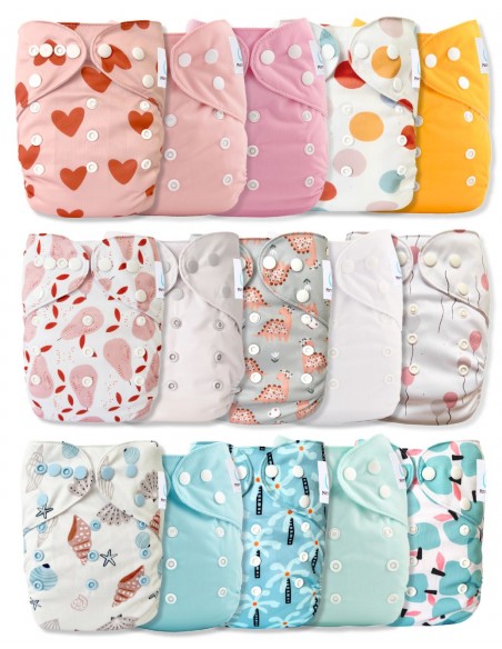 Lot de 15 couches lavables evolutives unies + 15 inserts nouvelle collection 2024