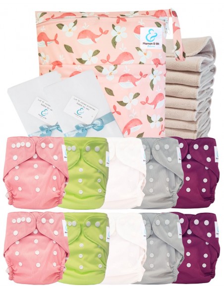 Pack complet couches lavables TE2 certifiées Oeko Tex® + 10 inserts en coton + sac imperméable + voiles de protection