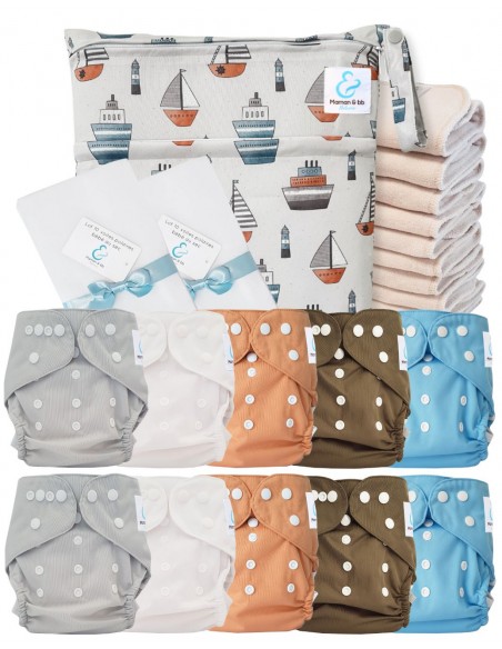 Pack complet couches lavables TE2 certifiées Oeko Tex® + 10 inserts en coton + sac imperméable + voiles de protection