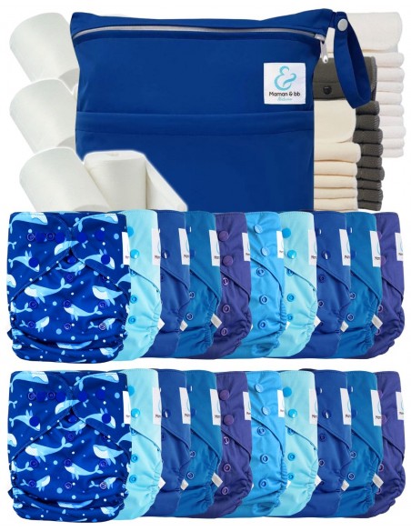 Mega pack couches lavables TE2 + 10 inserts bambou + 10 inserts microfibre + sac imperméable + voiles de protection