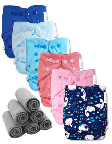 Lot 6 couches lavables tout en deux Te2 à doubles goussets + 6 inserts en bambou