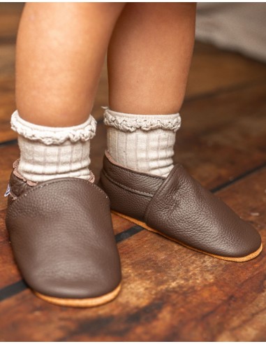 Chausson bébé en cuir souple - Brun