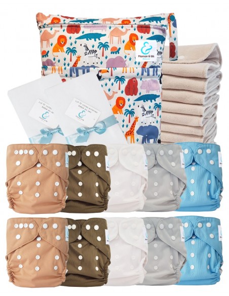 Pack complet couches lavables TE2 certifiées Oeko Tex® + 10 inserts en coton + sac imperméable + voiles de protection