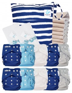 Paquete completo pañales Lavable TE2 certificado Oeko Tex® + 10 insertos de algodón + bolsa impermeable + velas protectoras