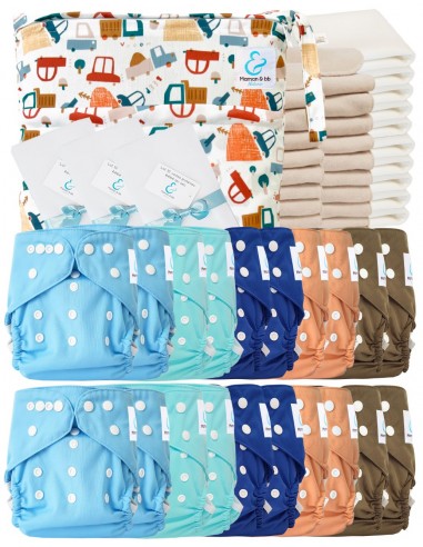 Pack complet couches lavables TE2 certifiées Oeko Tex® + 20 inserts en coton + 10 inserts bambou + sac + voiles de protection