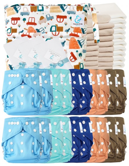 Pack complet couches lavables TE2 certifiées Oeko Tex® + 20 inserts en coton + 10 inserts bambou + sac + voiles de protection