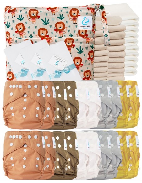 Pack complet couches lavables TE2 certifiées Oeko Tex® + 20 inserts en coton + 10 inserts bambou + sac + voiles de protection