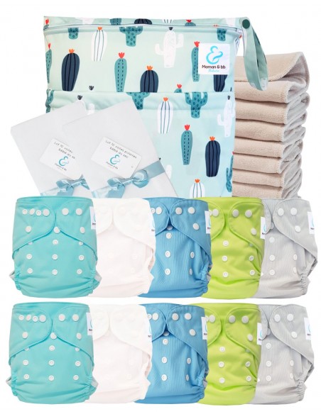 Pack complet couches lavables TE2 certifiées Oeko Tex® + 10 inserts en coton + sac imperméable + voiles de protection