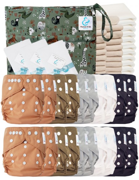 Complete Pack Washable Layables Te3 Certified Oeko Tex® + 20 Cotton Inserts + 10 Bamboo Inserts + Bag + Protective Sails