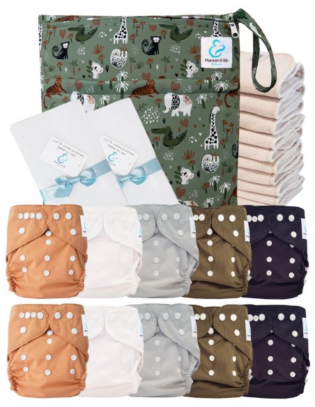 Pack complet couches lavables TE2 certifiées Oeko Tex® + 10 inserts en coton + sac imperméable + voiles de protection