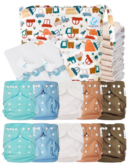 Pack complet couches lavables TE2 certifiées Oeko Tex® + 10 inserts en coton + sac imperméable + voiles de protection