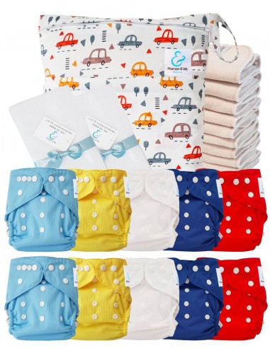 Pack complet couches lavables TE2 conçues en matériaux certifiées Oeko Tex® + 10 inserts en coton + sac imperméable + voiles de