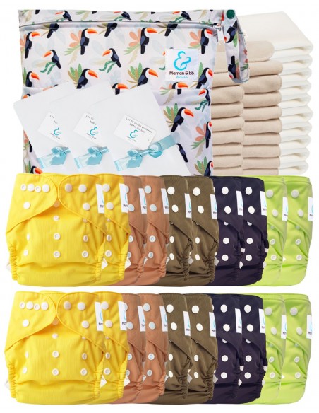 Vollpaket windeln Waschbare TE2 Zertifizierte Oeko Tex® + 20 Baumwolle + 10 Bambuseinsätze + Bag + Schutzsegeln