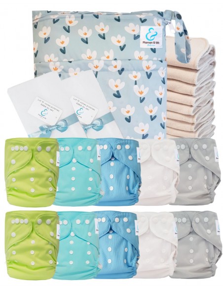 Paquete completo Lavabable Capas lavables TE2 Certified Oeko Tex® + 10 Inserciones de algodón + Bolsa impermeable + Velas protec