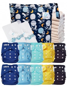 Vollpaket windeln Waschbare TE2-zertifizierte Oeko Tex® + 10 Baumwolleinsätze + Wasserdichte Tasche + Schutzsegeln