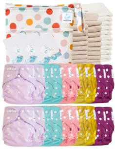 Pack complet couches lavables TE2 certifiées Oeko Tex® + 20 inserts en coton + 10 inserts bambou + sac + voiles de protection
