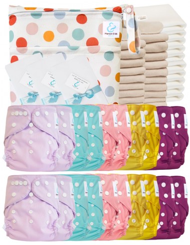 Pack complet couches lavables TE2 certifiées Oeko Tex® + 20 inserts en coton + 10 inserts bambou + sac + voiles de protection