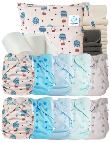 Pack complet couches lavables TE2 + 10 inserts bambou + 10 inserts charcoal + sac imperméable + voiles de protection