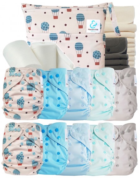 Pack complet couches lavables TE2 + 10 inserts bambou + 10 inserts charcoal + sac imperméable + voiles de protection