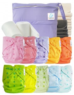 Pack complet couches lavables TE2 + 10 inserts bambou + 10 inserts charcoal + sac imperméable + voiles de protection