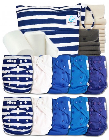 Pack complet couches lavables TE2 + 10 inserts bambou + 10 inserts charcoal + sac imperméable + voiles de protection