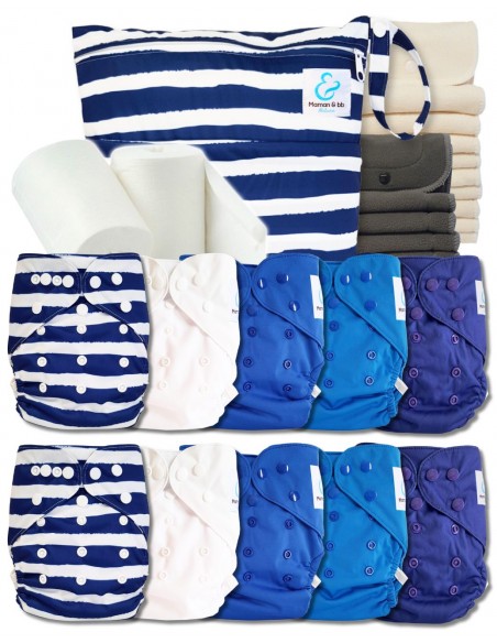 Pack complet couches lavables TE2 + 10 inserts bambou + 10 inserts charcoal + sac imperméable + voiles de protection