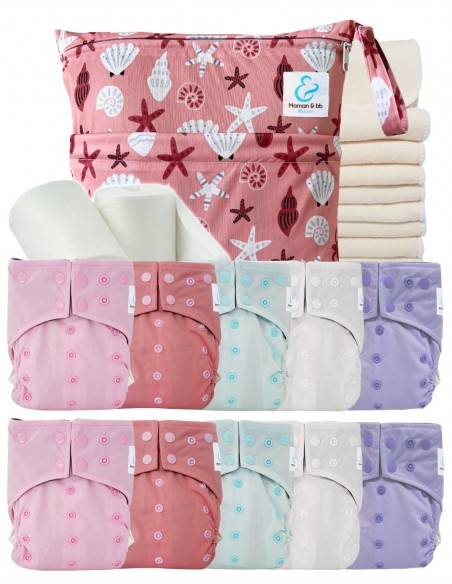 Pack complet 10 couches lavables intégrales + inserts bambou sac imperméable et voiles de protection