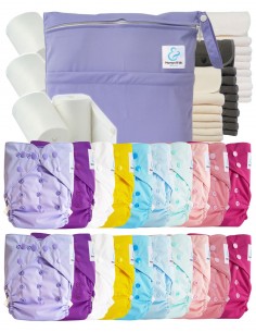Mega pack couches lavables TE2 + 10 inserts bambou + 10 inserts microfibre + sac imperméable + voiles de protection