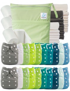 Mega Pack 20 windeln Waschbar + Einsätze + Schutzsegeln und wasserdichte Tasche