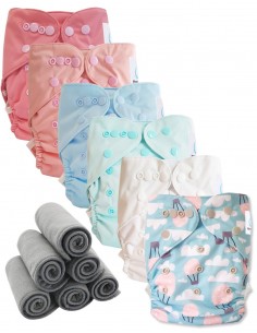 Lot 6 couches lavables tout en deux Te2 à doubles goussets + 6 inserts en bambou